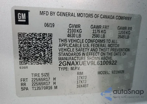 2020 Chevrolet Equinox Lt из США, поврежденный, VIN 2GNAXUEV9L6100922